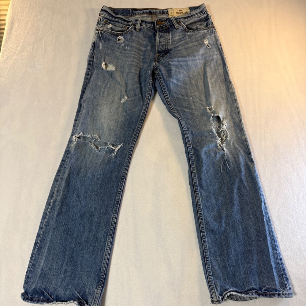 Hollister Hermosa Low Rise Bootcut Jeans Mens 31x32 Distressed Blue Button Fly